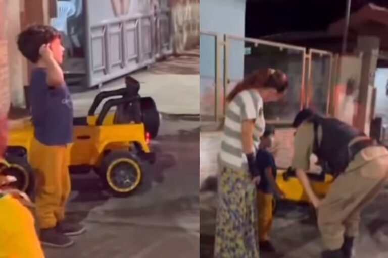 Menino ‘dirigindo’ carro de brinquedo é parado pela polícia e ganha presente especial