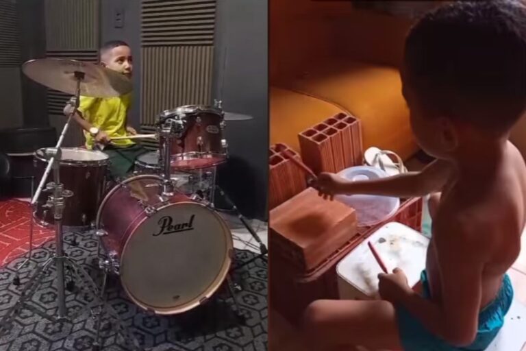 Menino de 8 anos que tocava bateria improvisada com tijolos realiza sonho e ganha aula de música