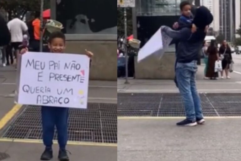 VEJA: menino com cartaz pedindo abraços por ter pai ausente emociona pessoas na Av. Paulista